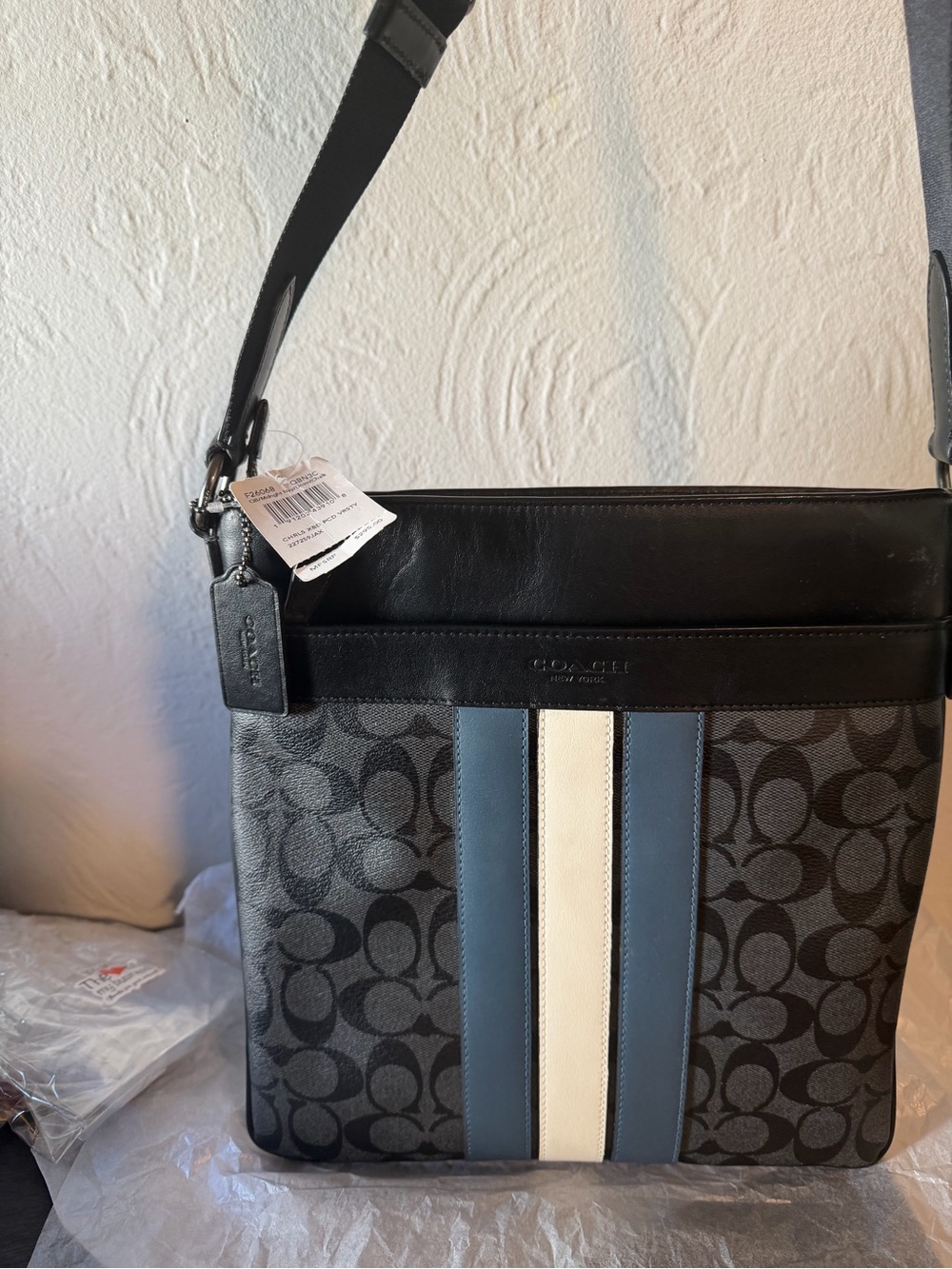 Large Coach Charlie Signature Messenger Bag with Blue and White Center Stripe - Picture 6 of 16